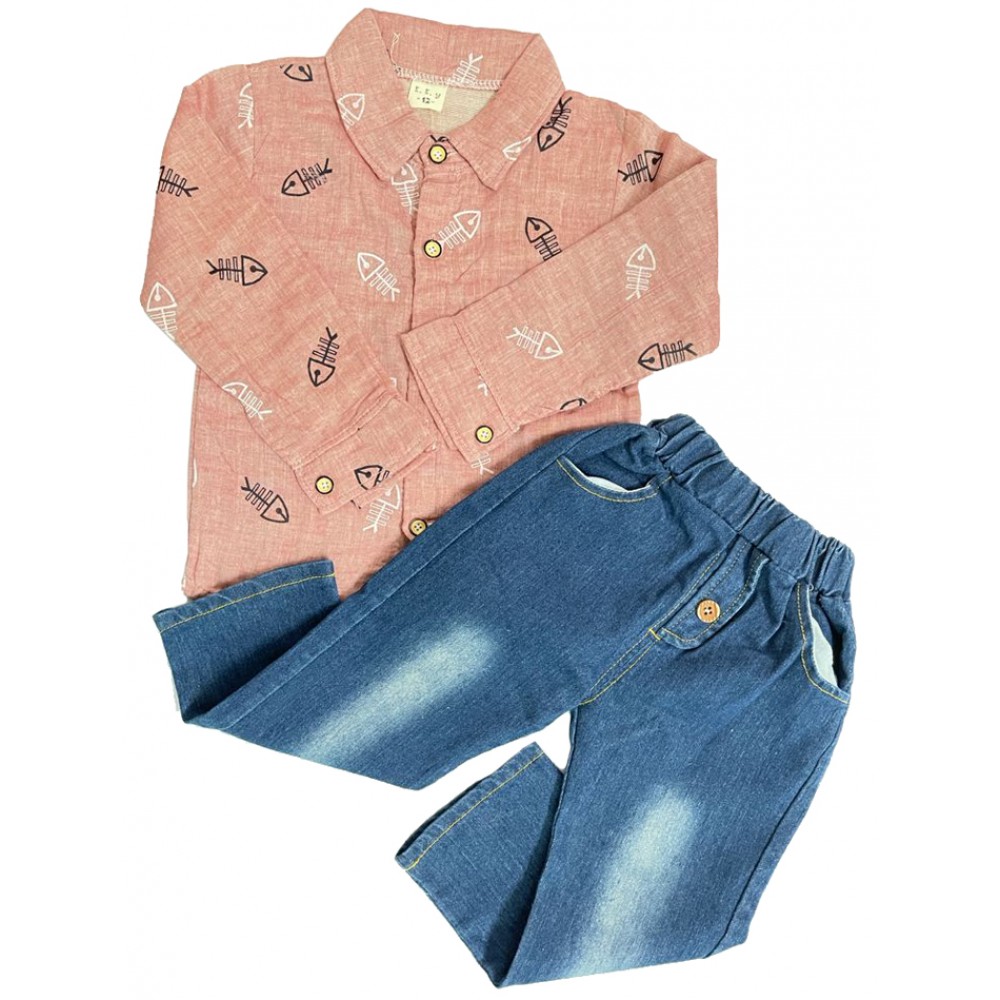 Printed shirt and jeans set with bow