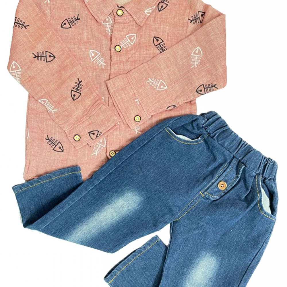 Printed shirt and jeans set with bow