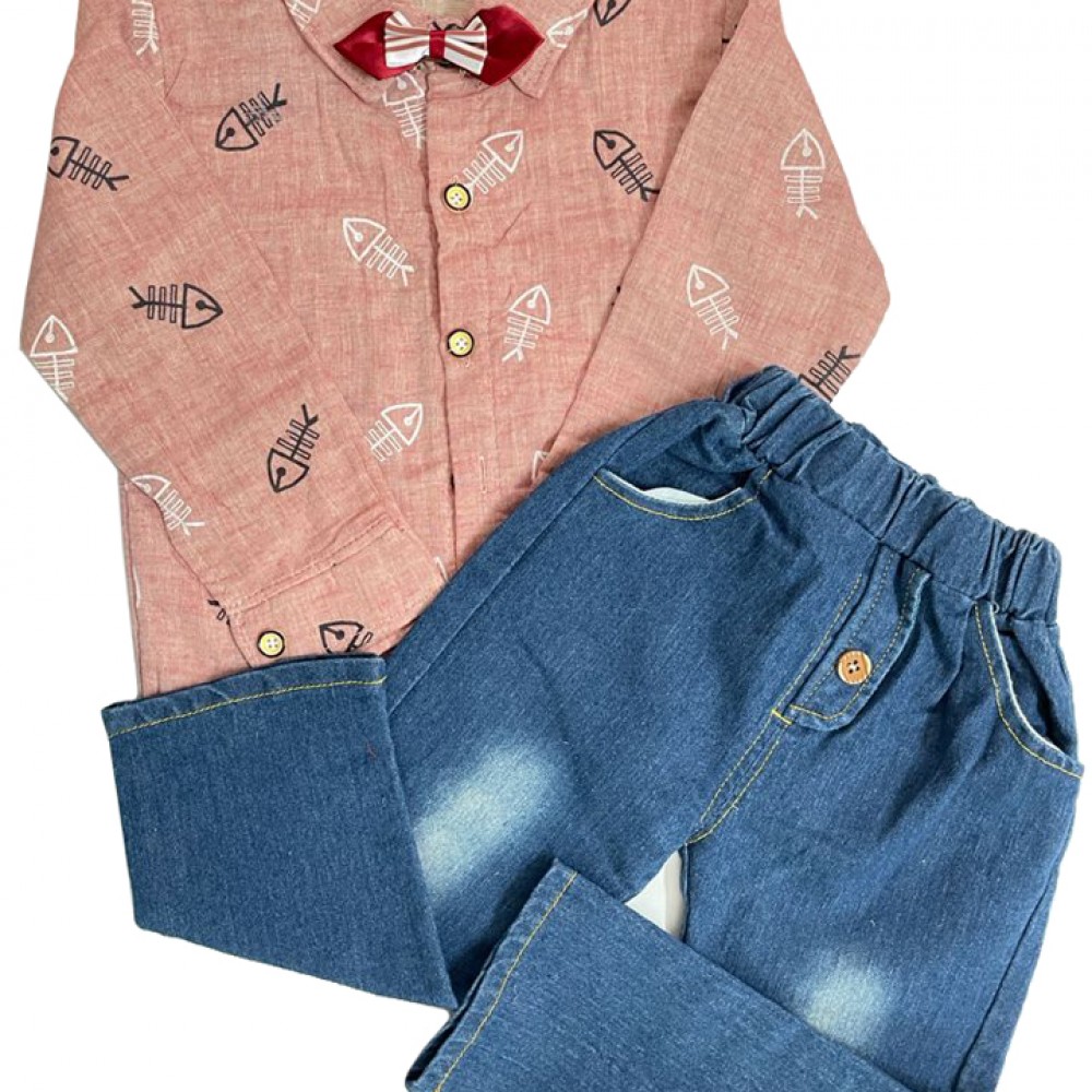 Printed shirt and jeans set with bow
