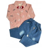 Printed shirt and jeans set with bow
