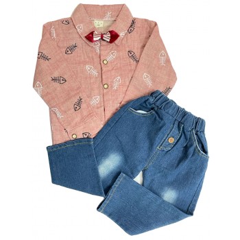 Printed shirt and jeans set with bow