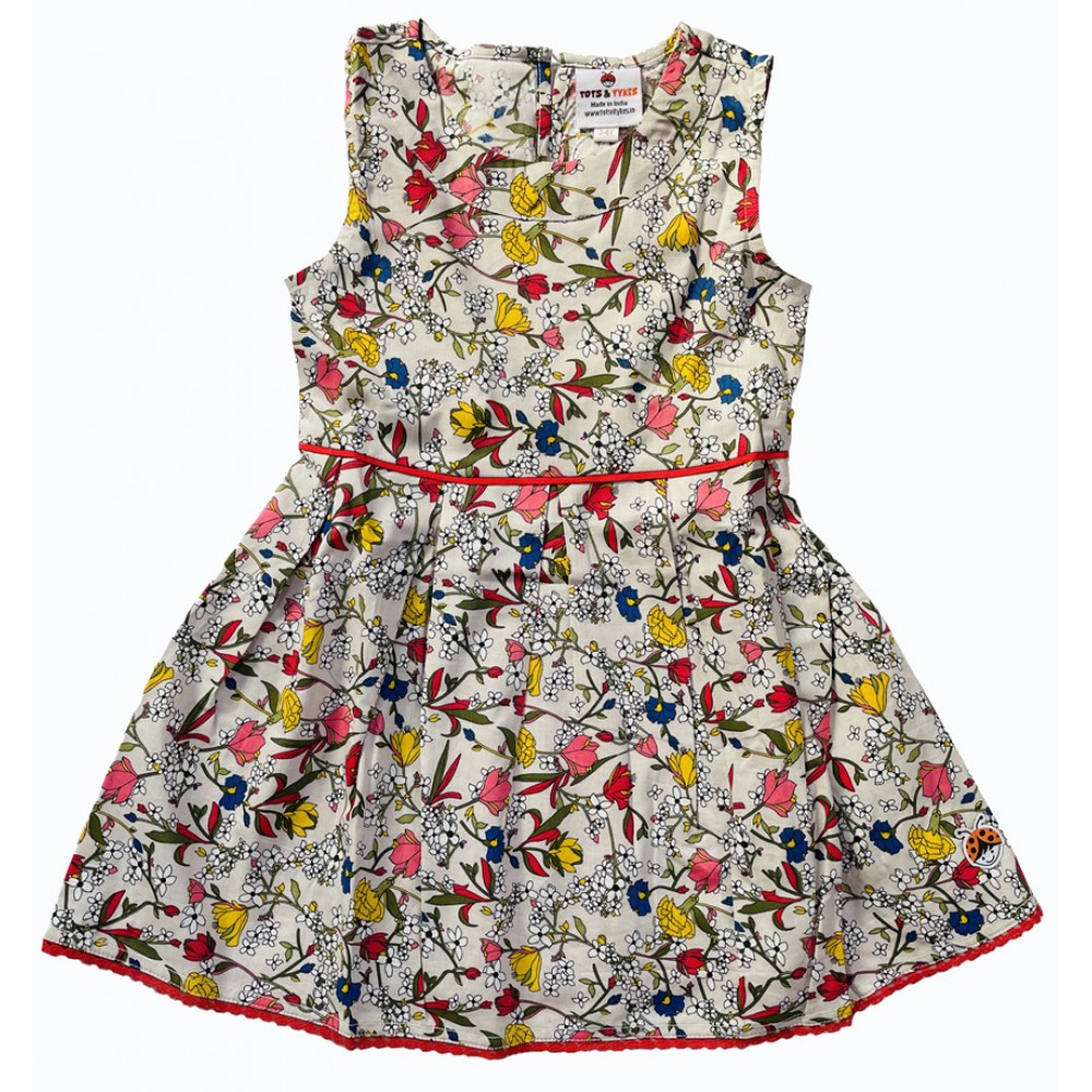 FLOWER PRINT FIT AND FLARE FROCK- BEIGE