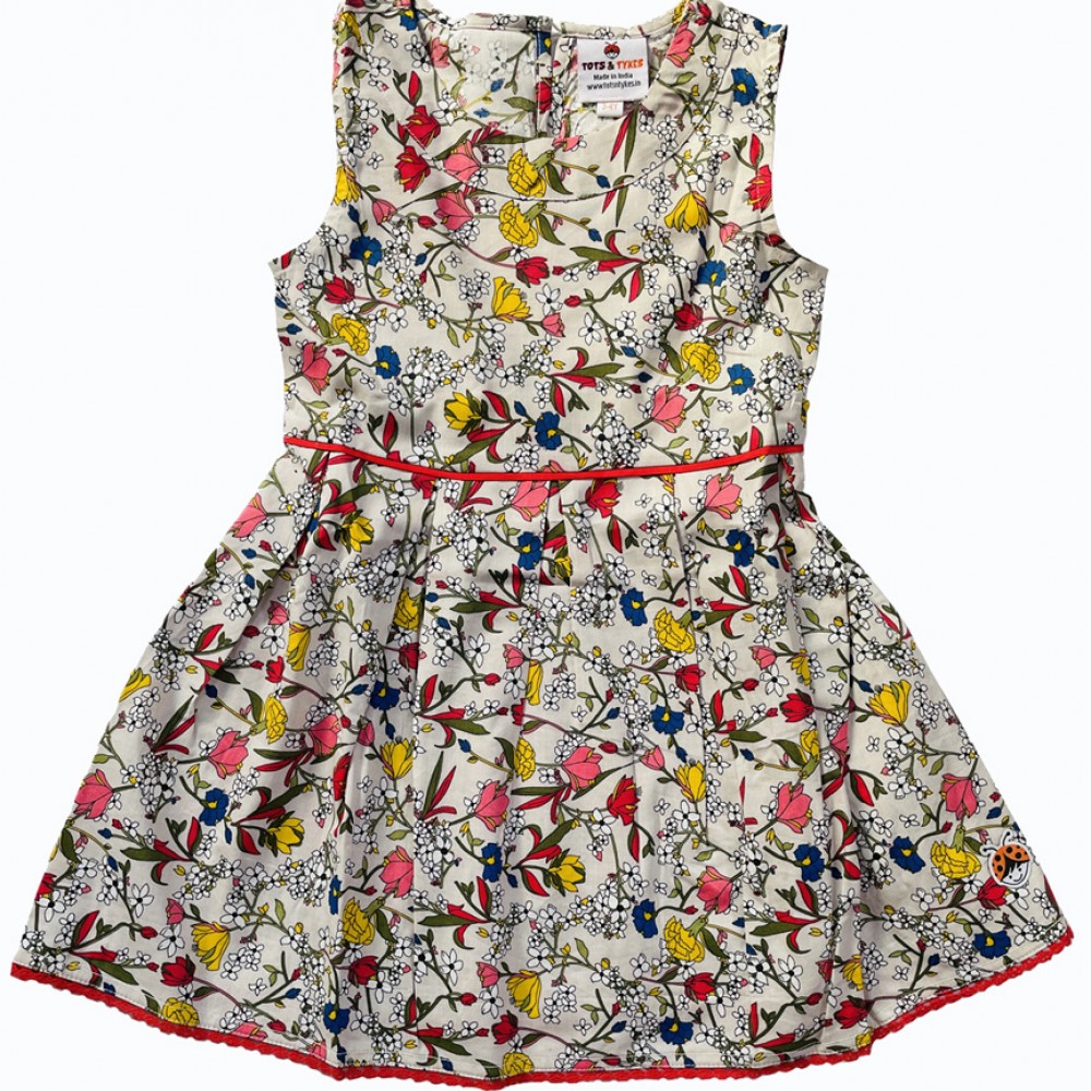 FLOWER PRINT FIT AND FLARE FROCK- BEIGE